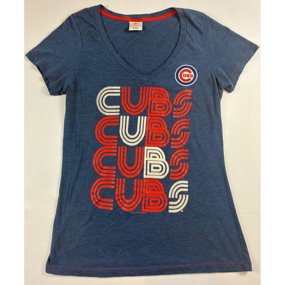 Campus Lifestyle Chicago Cubs T-Shirt Womens Small Blue MLB V-Neck Retro Graphic